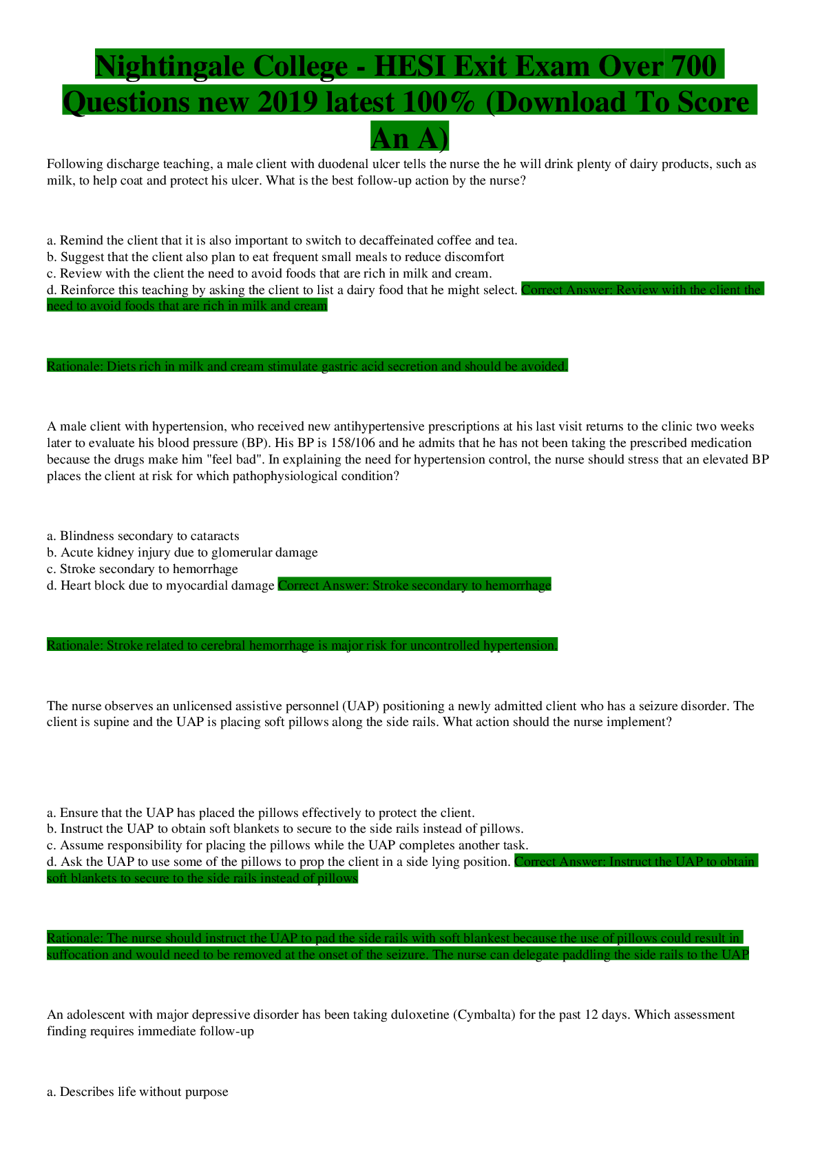 Preview of Nightingale College - HESI Exit Exam Over 700 Questions new 2019 latest 100% (Download To